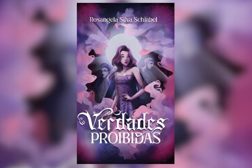 Capa do livro Verdades Proibidas com a imagem de uma mulher cerca por sombras e fumaça rosa e roxo 