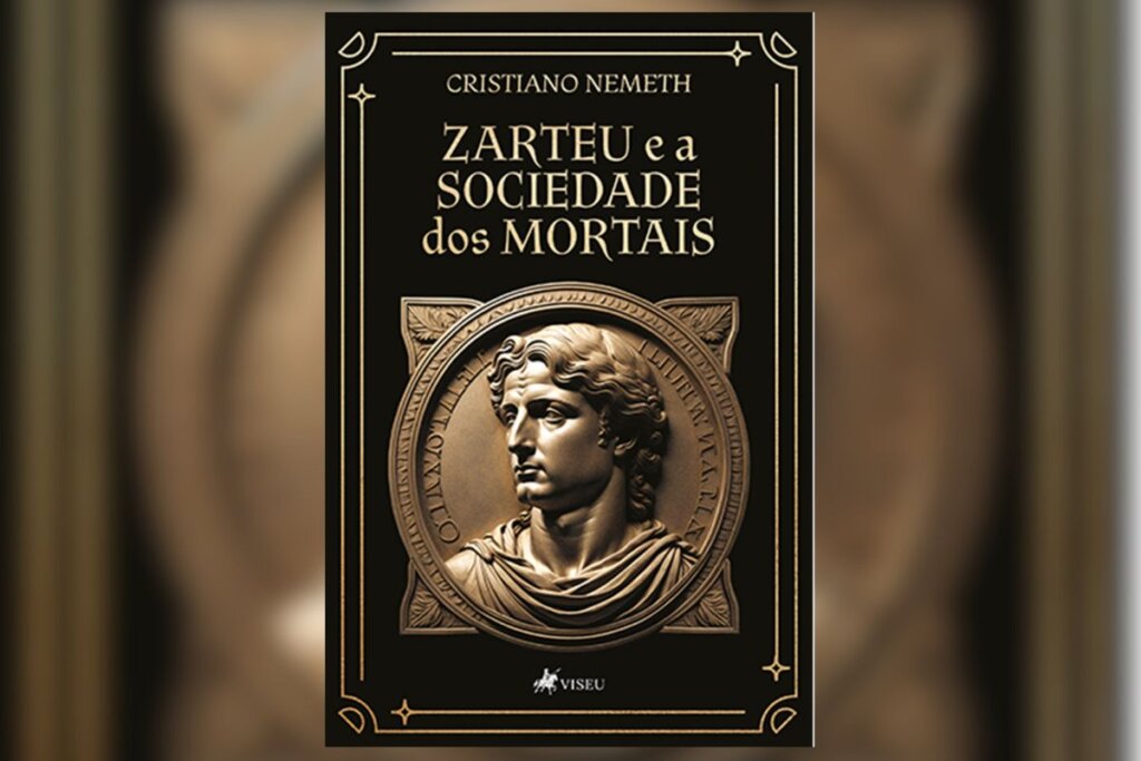 Capa do livro Zarteu e a Sociedade dos Mortais com a imagem de uma estátua com o rosto de uma mulher e um fundo preto 