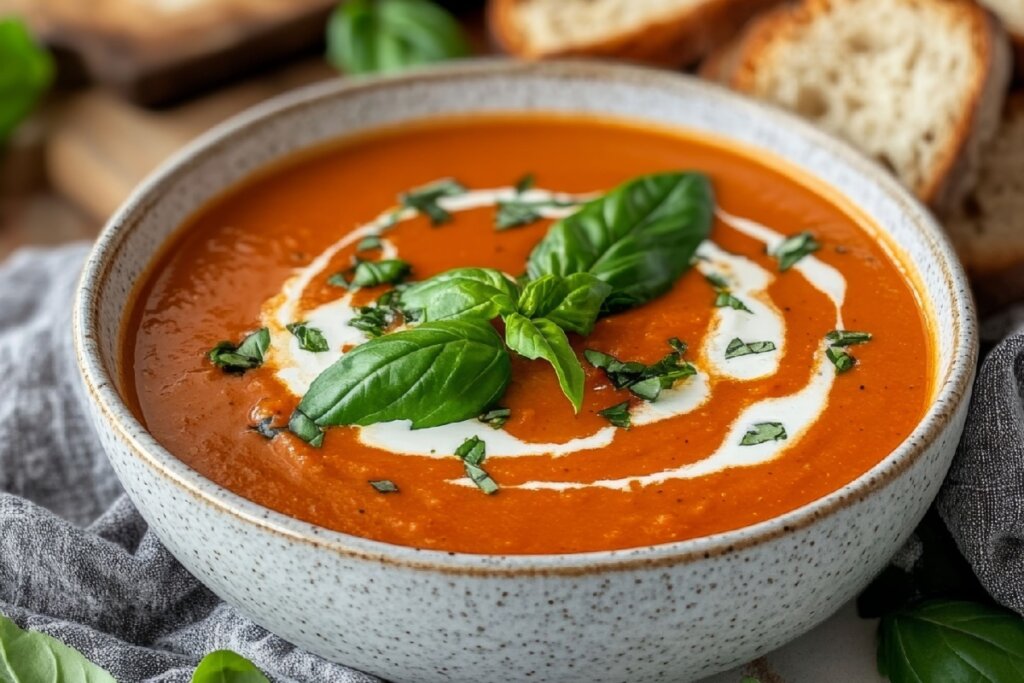 Recipiente cinza com creme de tomate assado com manjericão