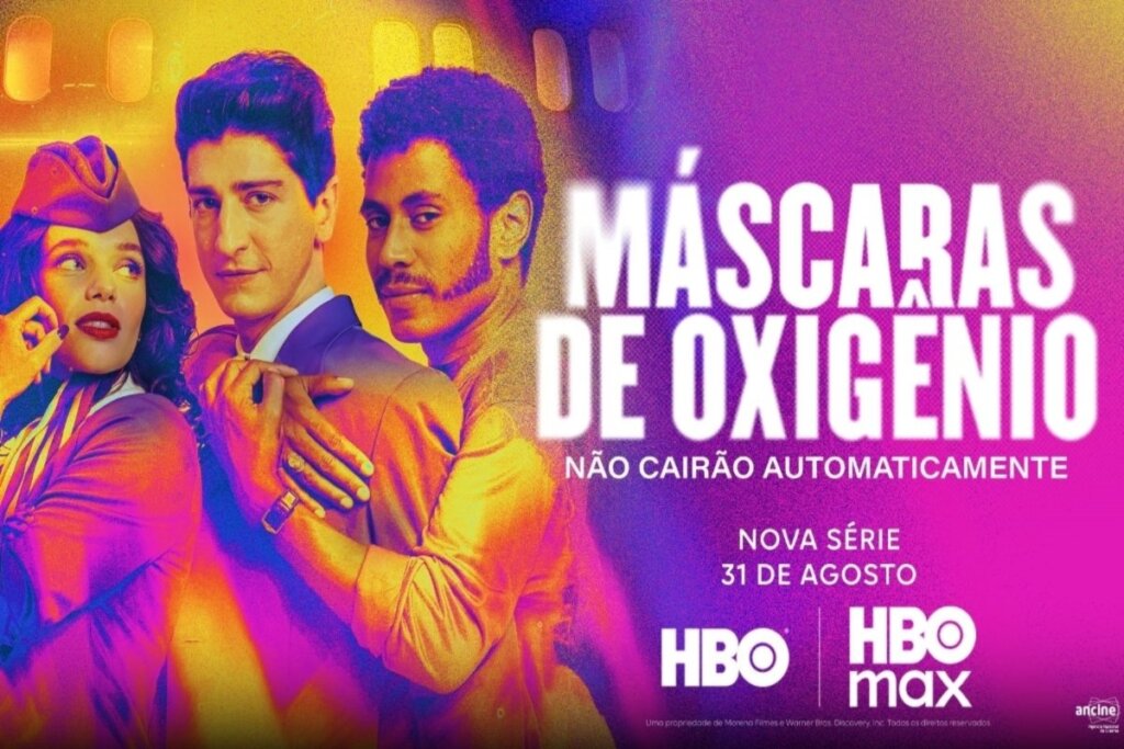 Três personagens principais, dois homens e uma mulher, posando com cores vibrantes ao lado do título da série da HBO Max