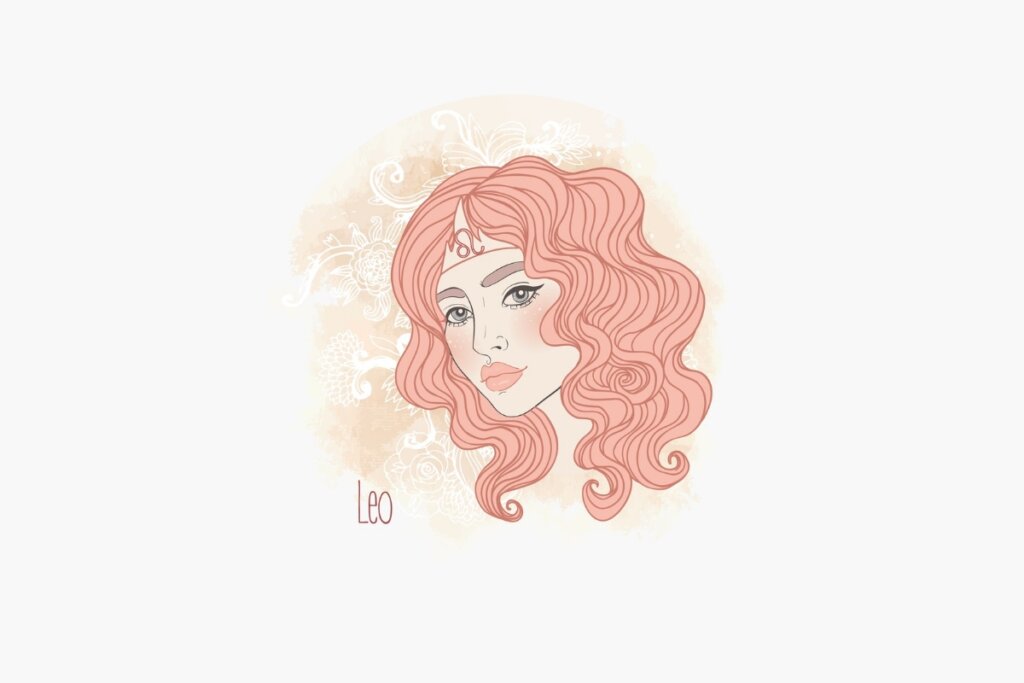 Ilustração de uma mulher com cabelo rosa usando uma faixa na testa com o símbolo do signo de leão  