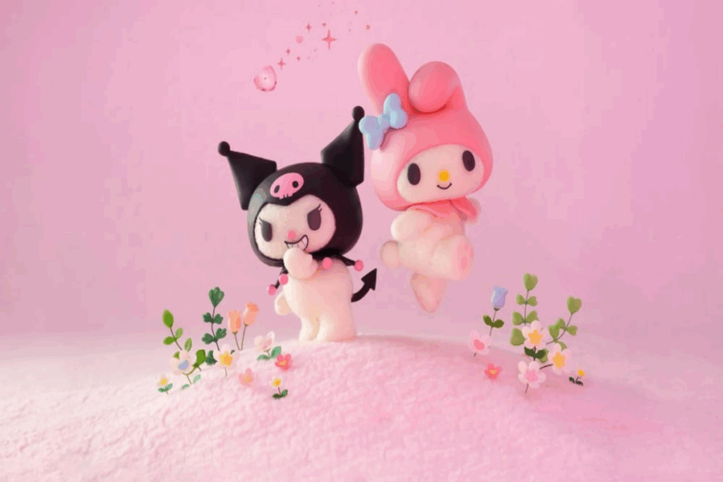 Dois personagens brancos um usando uma touca preta e outro uma touca rosa em fundo rosa