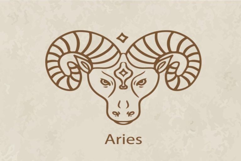 Ilustração do símbolo e nome do signo de áries marrom em fundo marrom-claro