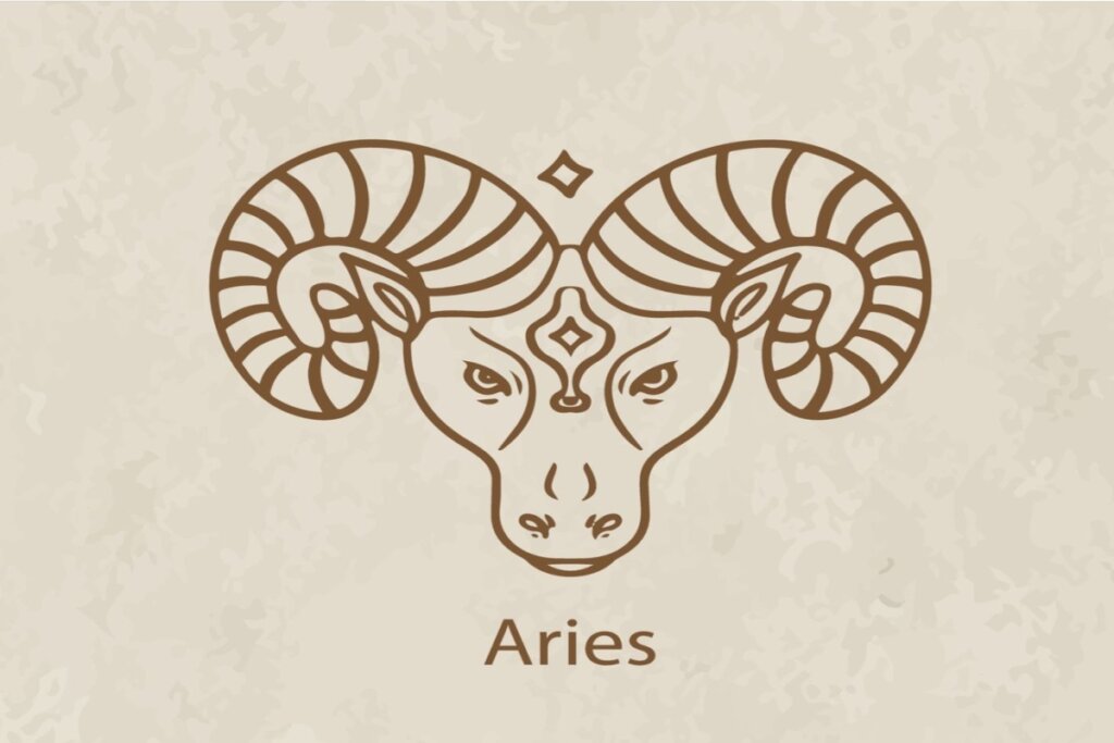 Ilustração do símbolo e nome do signo de áries marrom em fundo marrom-claro