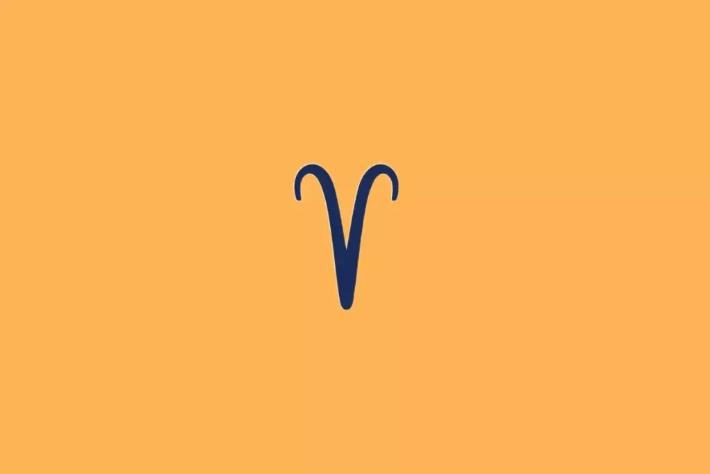 Ilustração do signo de Áries, em fundo alaranjado, com símbolo em forma de "v" curvado para fora, lembrando chifres de carneiro