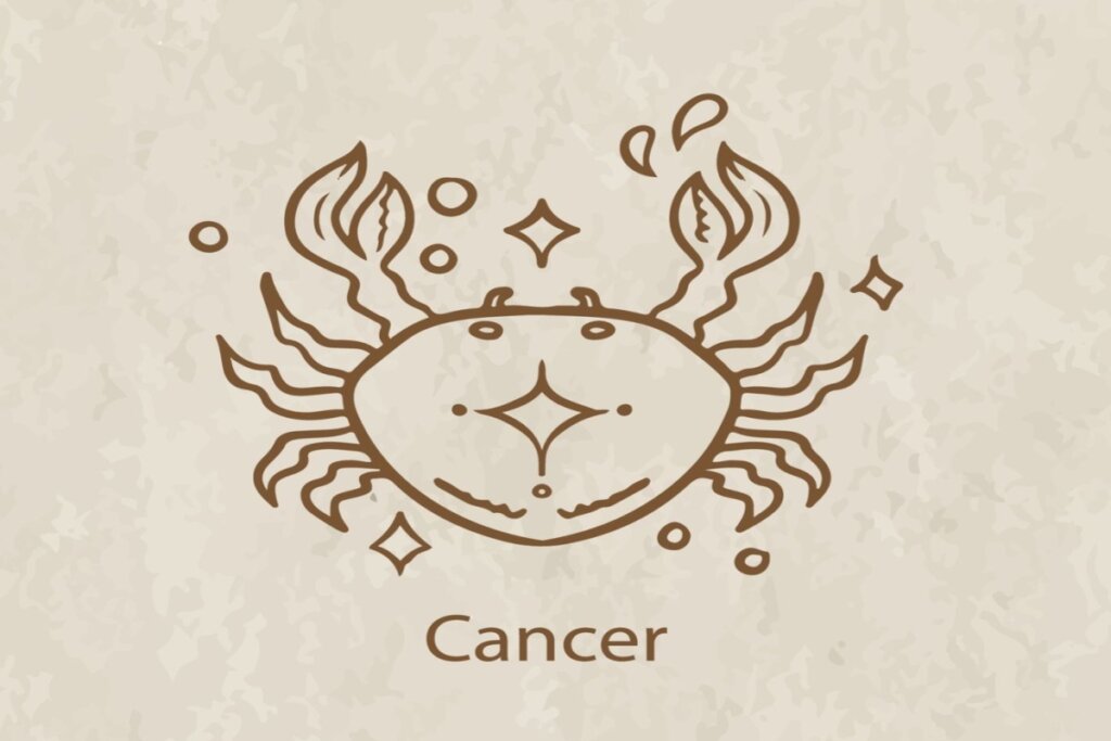 Ilustração do símbolo e nome do signo de câncer marrom em fundo marrom-claro