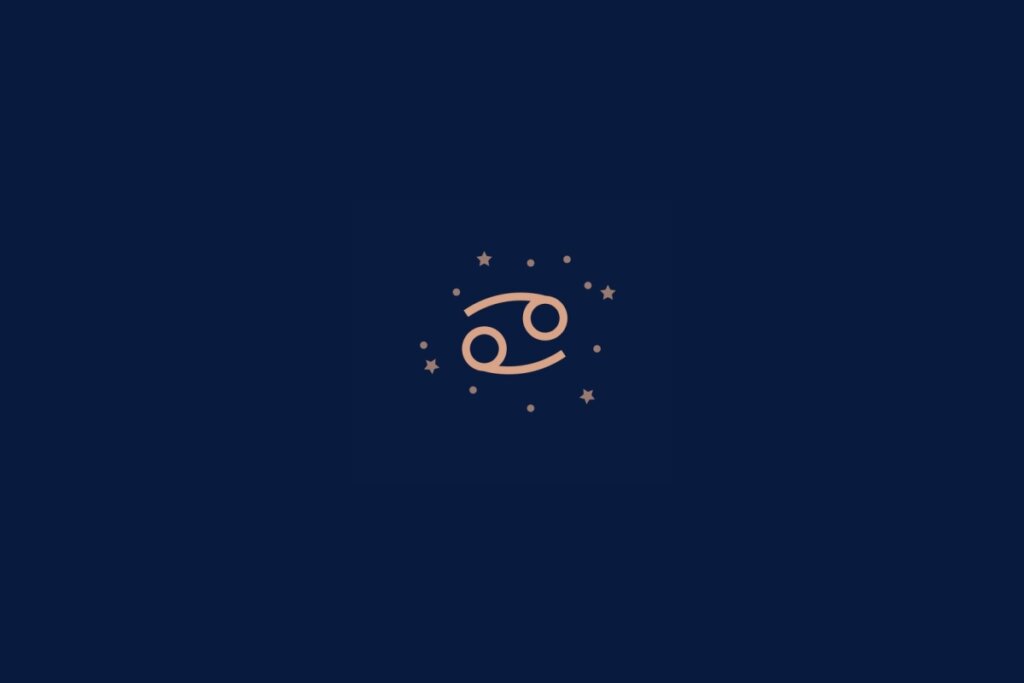 Ilustração do signo de câncer rodeado por estrelas em um fundo azul-escuro