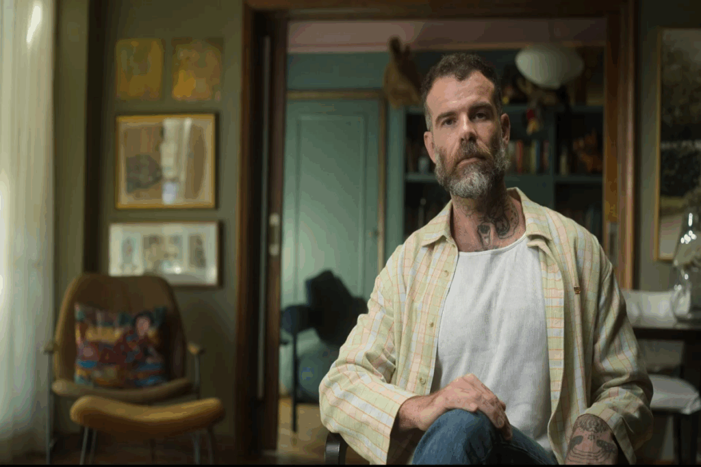 Homem com cabelo curto e barba grisalha, usando uma camiseta branca e uma camisa de botões bege e calça jeans, sentado em cadeira de perna cruzada dando depoimento