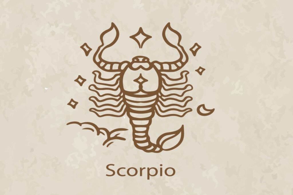 Ilustração do símbolo e nome do signo de escorpião marrom em fundo marrom-claro