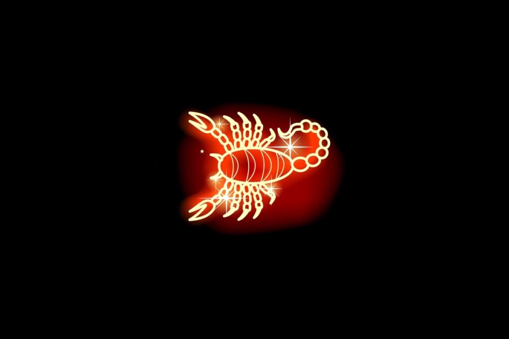 Ilustração em vermelho neon do signo de Escorpião em fundo preto