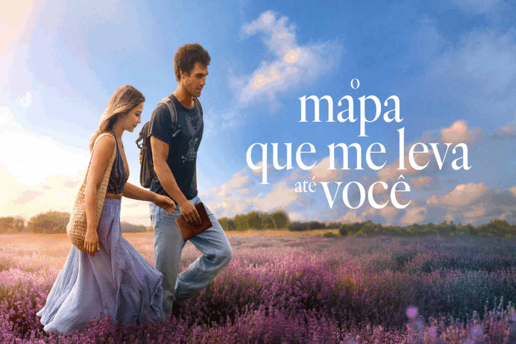 Casal andando em campo florido, com o nome do filme escrito em branco