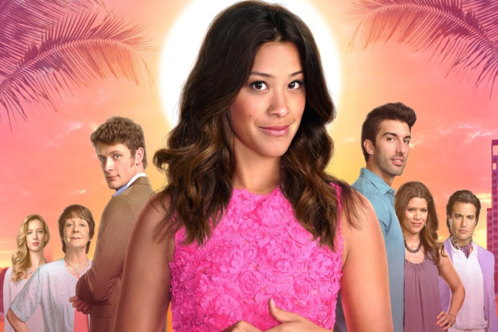 Pôster de "Jane The Virgin" com a protagonista em destaque e elenco ao fundo