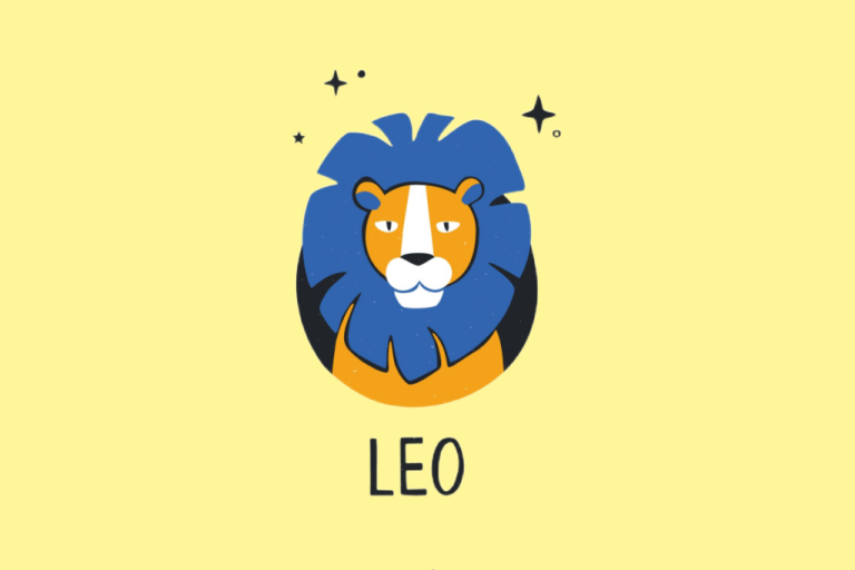 ilustração de um leão amarelo com juba azul em fundo amarelo-claro. está escrito 