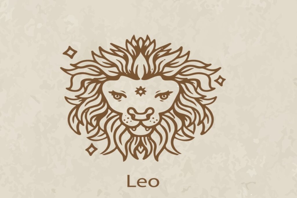 Ilustração do símbolo e nome do signo de leão marrom em fundo marrom-claro