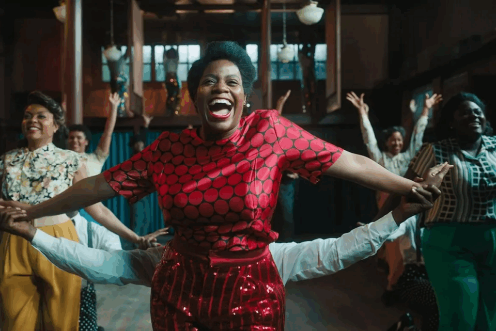 Mulheres com roupa de época dançando, uma mulher negra usando um vestido vermelho está no centro da imagem de braços abertos e sorrindo