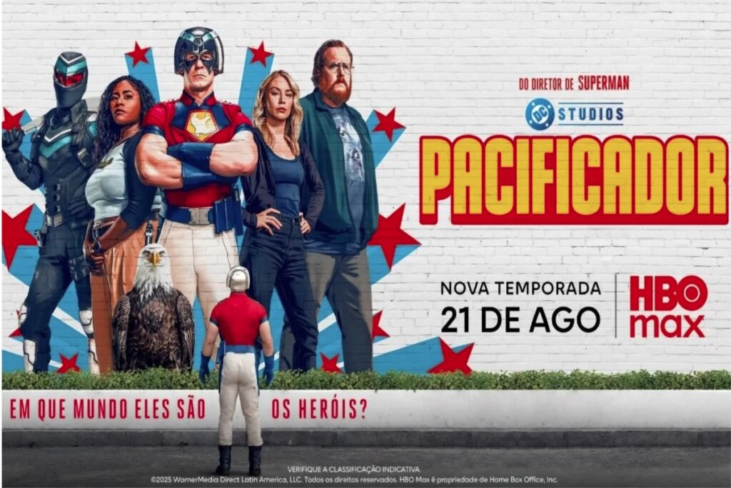 O Pacificador em mural com personagens e águia ao lado no pôster da nova temporada