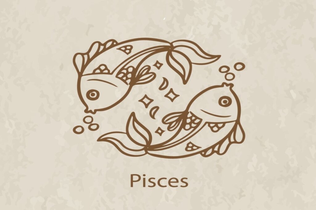 Ilustração do símbolo e nome do signo de peixes marrom em fundo marrom-claro