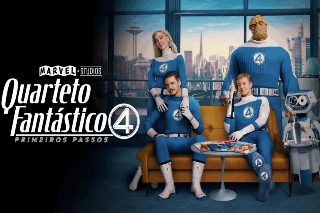 Quarteto de heróis da Marvel posando com roupas azuis e o número 4 no peito