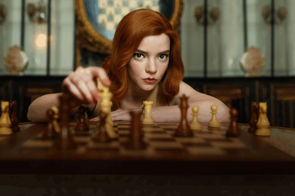 Jovem com o cabelo ruivo sentada em frente a mesa com jogo de xadrez