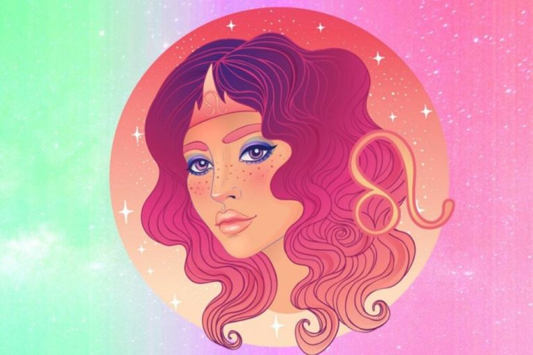 Ilustração de uma mulher em um céu estrelado dentro de um círculo com o símbolo do signo de Leão ao lado