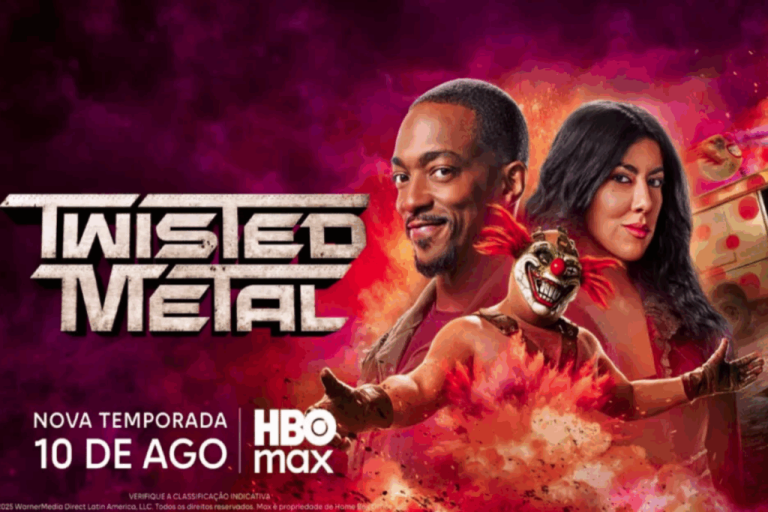 Palhaço Sweet Tooth entre explosões com personagens principais ao fundo no pôster da série