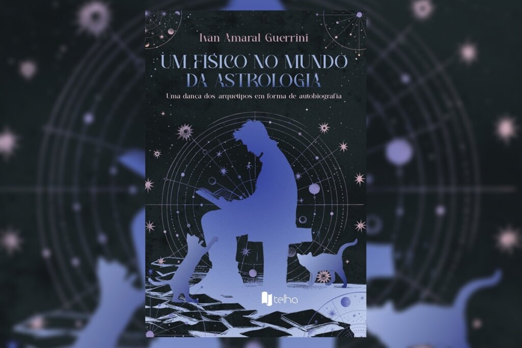 Capa do livro "Um Físico no Mundo da Astrologia", com figura azulada lendo em meio a estrelas e gatos