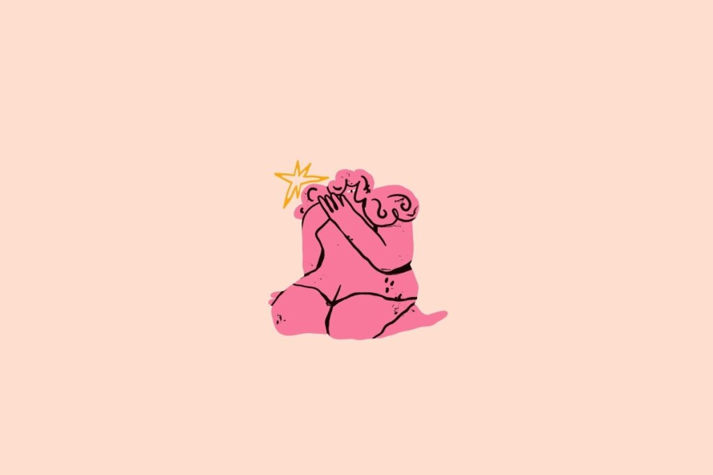 Ilustração de uma mulher ajoelhada na cor rosa em um fundo bege-claro