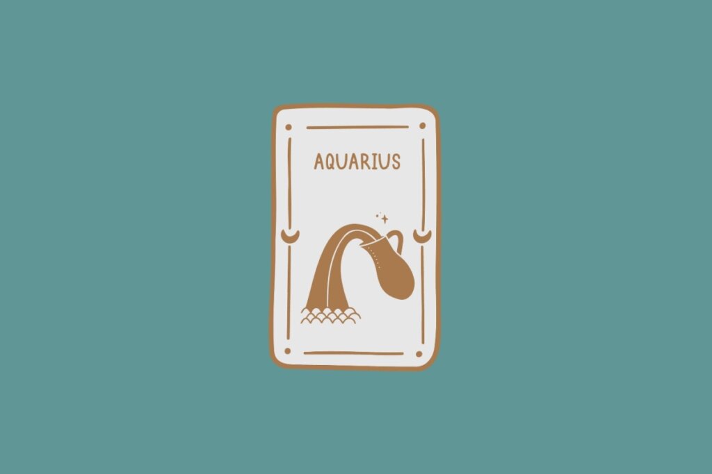 Ilustração do signo de Aquário, em fundo verde-azulado, contendo um jarro inclinado de onde saem linhas onduladas