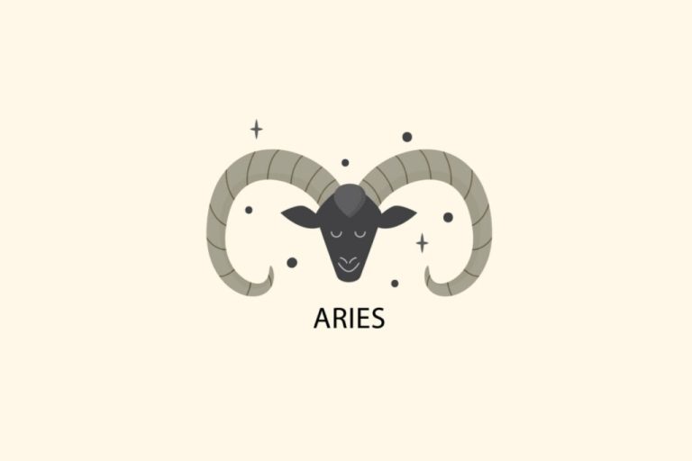 Ilustração do signo de Áries, em fundo bege-claro, contendo a cabeça de um carneiro preto com longos chifres cinza curvados