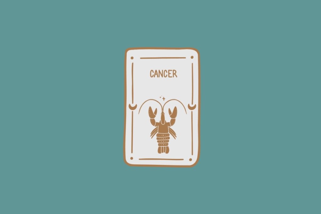 Ilustração do signo de Câncer, em fundo verde-azulado, contendo um caranguejo com garras levantadas