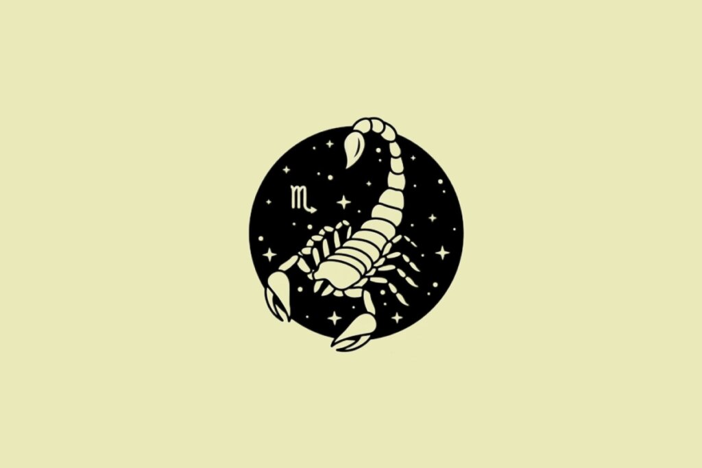 Ilustração do signo de Escorpião em preto sobre um fundo amarelo 