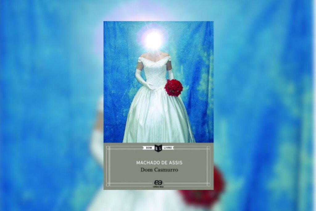 Capa do livro Dom Casmurro com a ilustração de uma mulher com luz na cabeça e usando vestido de noiva