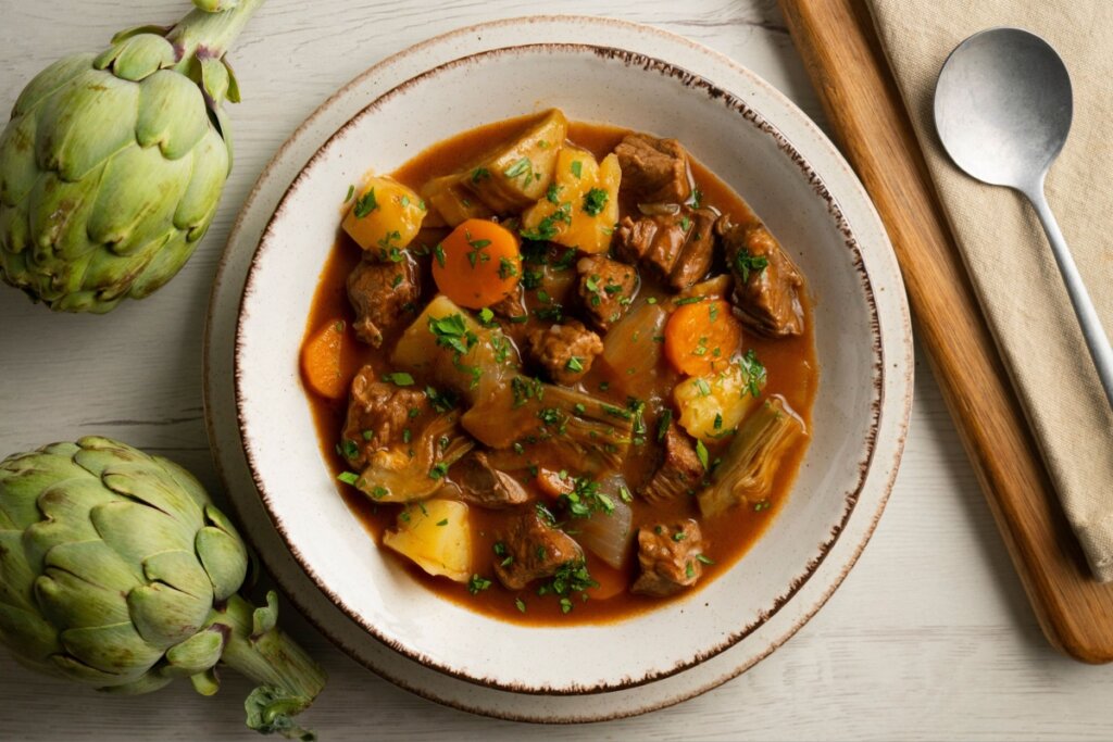 Prato branco com ensopado de carne com alcachofra, batatas e cenouras