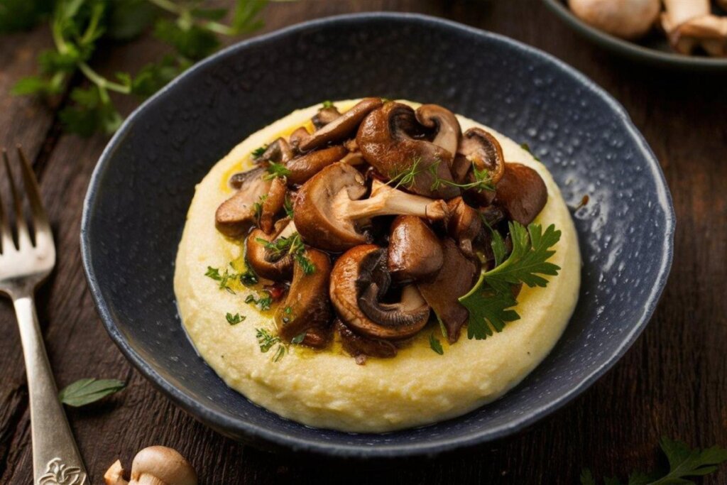 Prato preto com polenta com cogumelos por cima e folhas de salsa