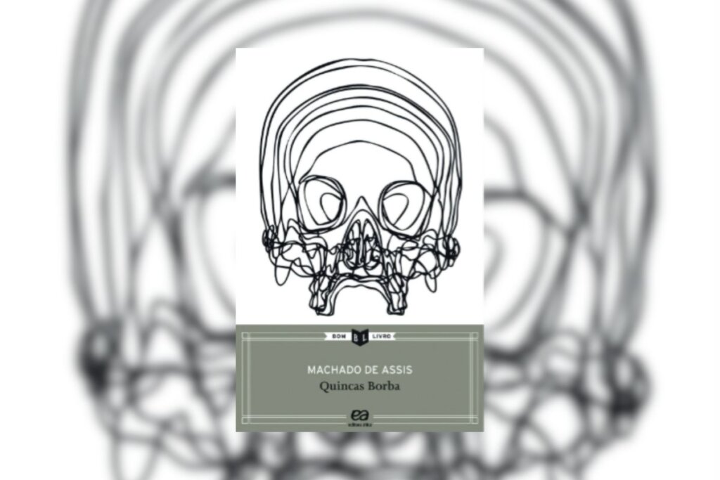 Ilustração da capa do livro Quincas Borba com a ilustração de um crânio rabiscado em um fundo branco