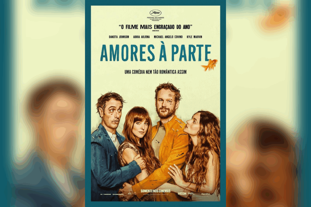 Pôster do filme "Amores à Parte" com quatro personagens lado a lado em fundo claro