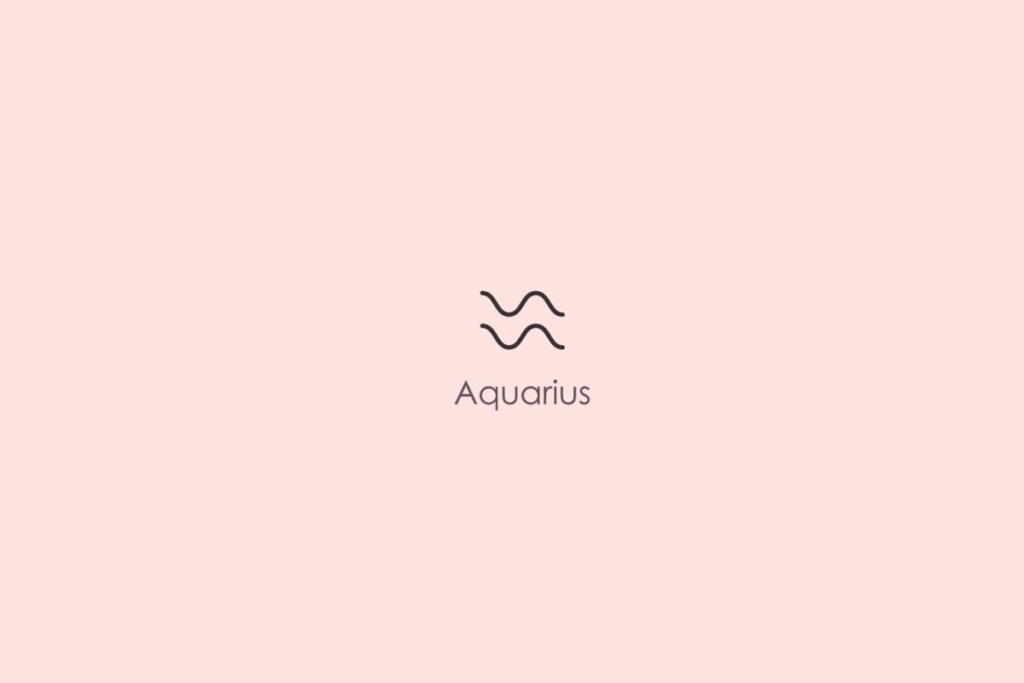 Ilustração do símbolo e nome do signo de aquário em inglês em fundo rosa