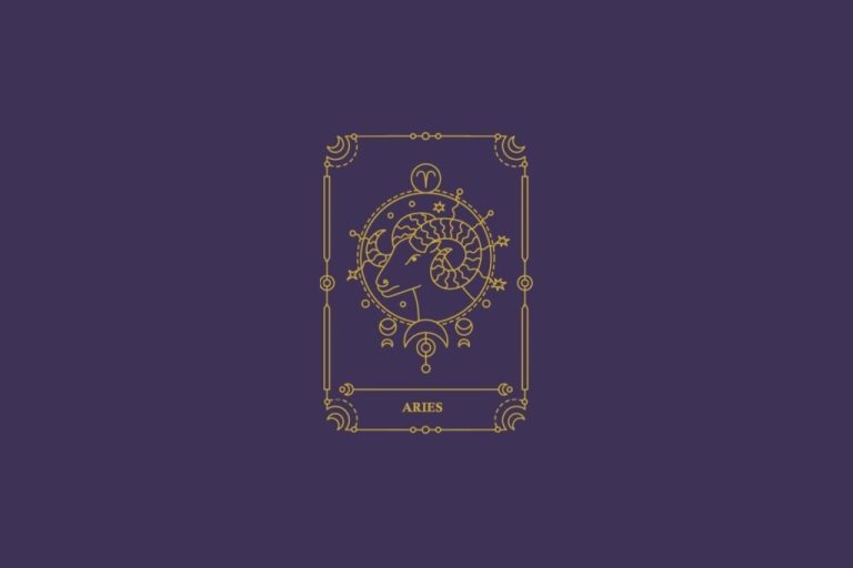 Ilustração do signo de áries em dourado com detalhes na mesma cor ao redor. Fundo roxo-escuro