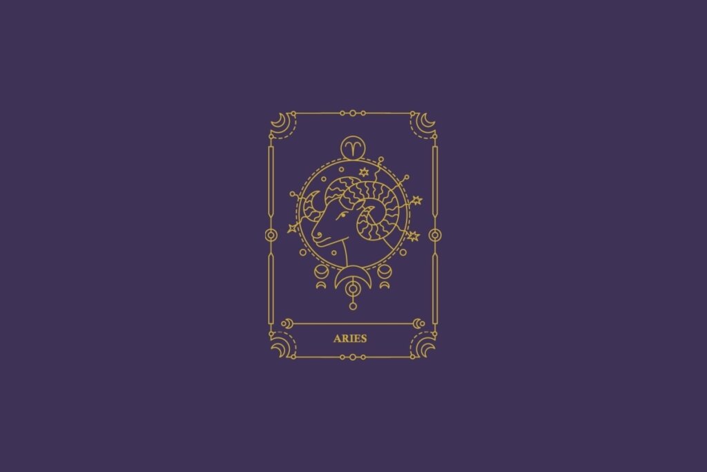 Ilustração do signo de áries em dourado com detalhes na mesma cor ao redor. Fundo roxo-escuro