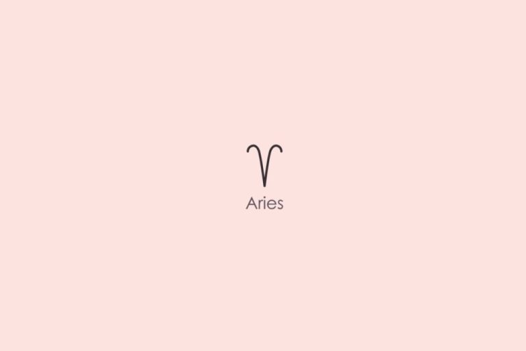 Ilustração do símbolo e nome do signo de áries em inglês em fundo rosa