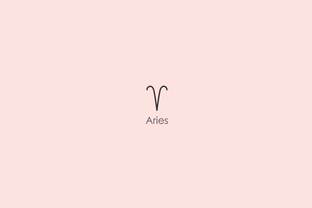 Ilustração do símbolo e nome do signo de áries em inglês em fundo rosa