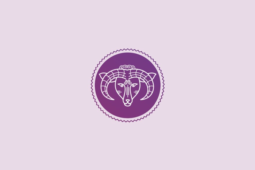 ilustração de um carneiro representando o signo de áries em círculo roxo em fundo lilás