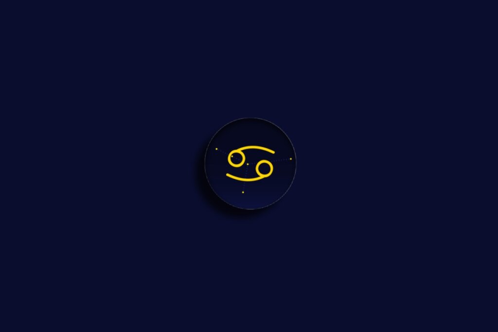 Ilustração do signo de câncer em amarela sobre um fundo azul-escuro