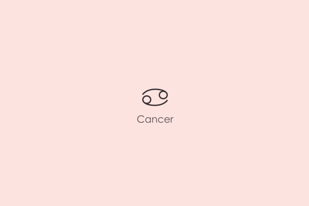 Ilustração do símbolo e nome do signo de câncer em inglês em fundo rosa
