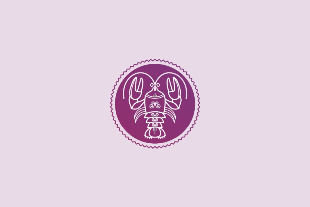 ilustração de um caranguejo representando o signo de câncer em círculo roxo em fundo lilás