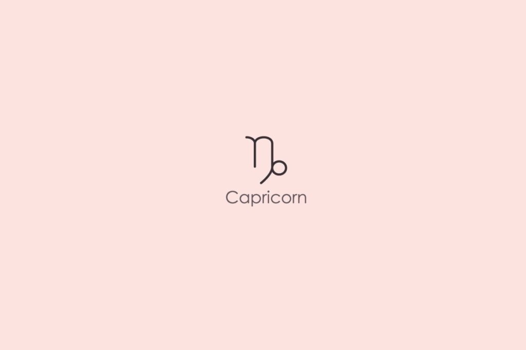 Ilustração do símbolo e nome do signo de capricórnio em inglês em fundo rosa