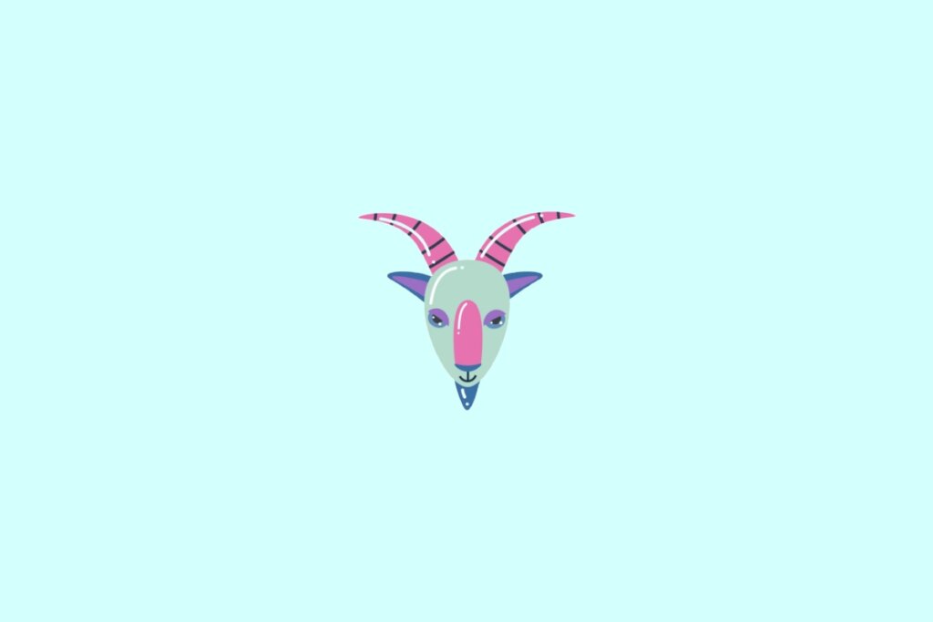 Ilustração da cabeça de uma cabra em azul, verde, roxo e rosa, representando o signo de capricórnio, em um fundo verde-claro