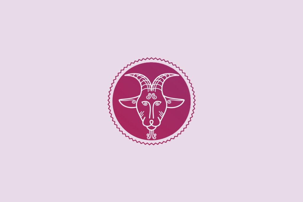 ilustração de uma cabra representando o signo de capricórnio em círculo roxo em fundo lilás