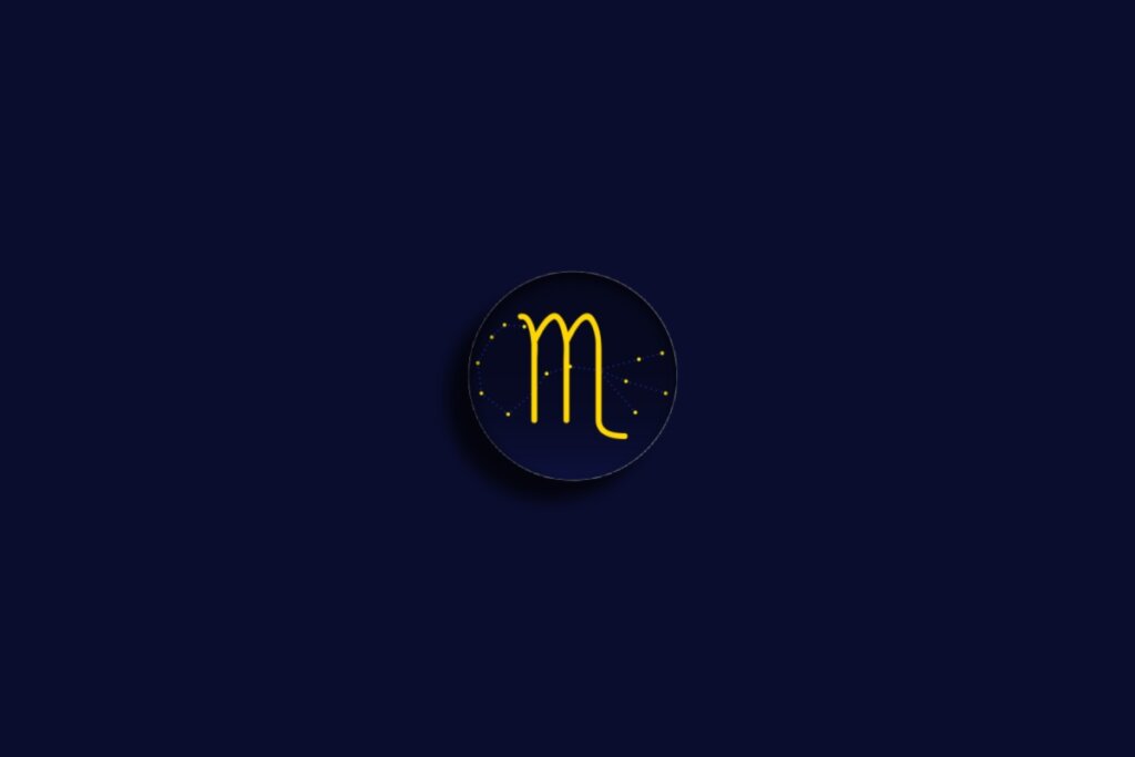 Ilustração do signo de escorpião em amarela sobre um fundo azul-escuro