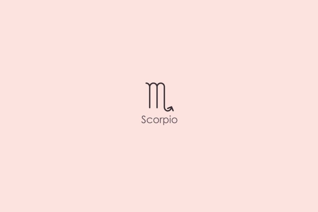 Ilustração do símbolo e nome do signo de escorpião em inglês em fundo rosa